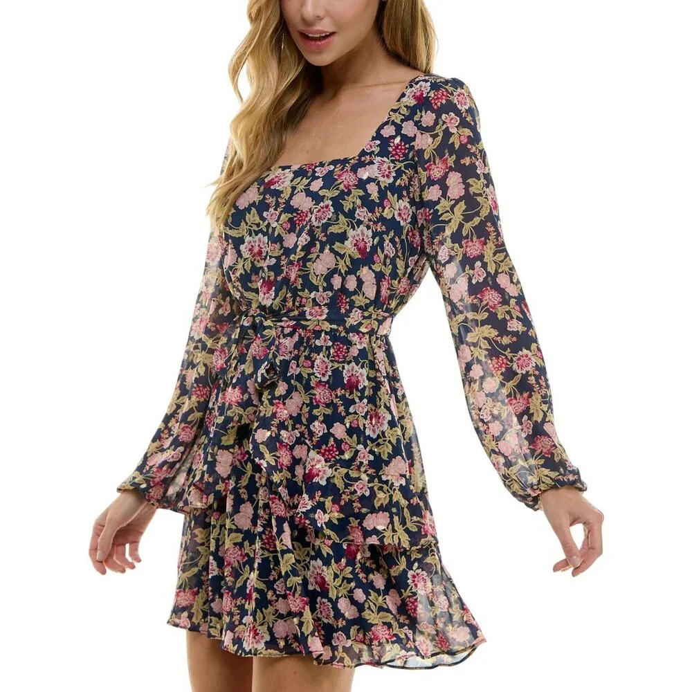 NWT City Studio Square-Neck Fit Flare Shear Lined Dress Navy Blue Multi S